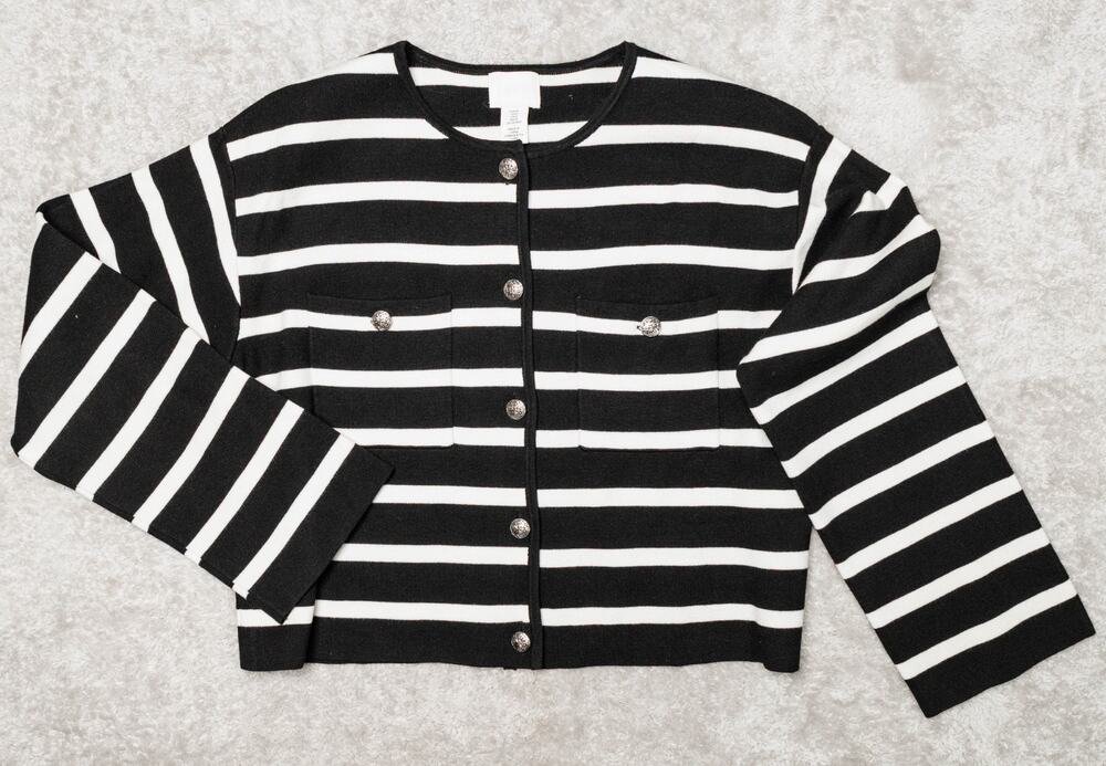 H&M Long Sleeve Black White Striped Cardigan Sweater Silver Buttons Womens M